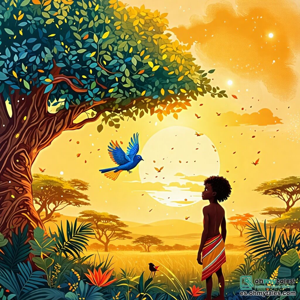 Une illustration sous forme de dessin destinée aux enfants représentant une magnifique savane africaine baignée par la lumière dorée du soleil couchant, où un homme courageux à la peau foncée et aux cheveux crépus, vêtu d'un pagne coloré, se tient avec un sourire émerveillé devant un arbre magique aux feuilles scintillantes et aux lumières éclatantes, tandis qu'un petit oiseau aux plumes vibrantes de bleu et de jaune vole joyeusement autour de lui, symbolisant l'amitié et l'aventure, alors qu'ils découvrent ensemble ce lieu enchanteur.