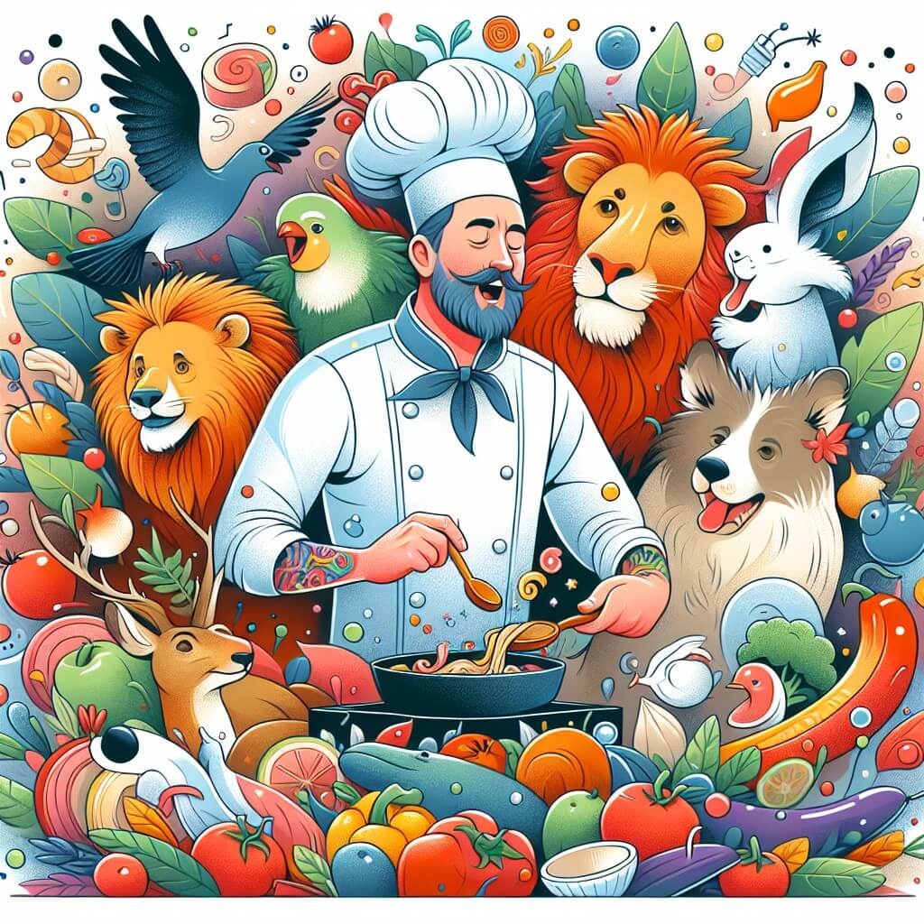 Une illustration destinée aux enfants représentant un chef cuisinier passionné, entouré de ses amis animaux, dans une cuisine colorée et animée, où les ingrédients prennent vie pour créer des plats magiques.