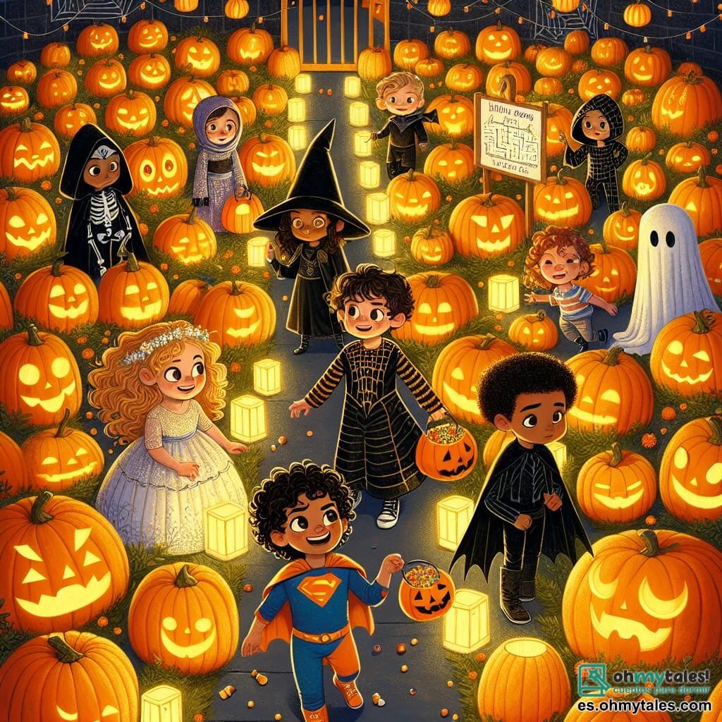 Ilustración que representa un laberinto de calabazas iluminado por faroles naranjas y amarillos, con sombras danzantes proyectadas en el suelo. Las paredes del laberinto están hechas de grandes calabazas talladas, algunas con caras sonrientes y otras con expresiones aterradoras. En el centro de la escena, un niño de unos 8 años, con cabello rizado y ojos brillantes, lleva un disfraz de superhéroe y sostiene un cubo lleno de dulces. A su lado, una niña de 7 años, disfrazada de bruja con un gran sombrero negro y un vestido a rayas verdes, observa a su alrededor con curiosidad. Un niño de 9 años, vestido con una simple sábana blanca como fantasma, se mantiene un poco apartado, con una expresión preocupada en su rostro. Finalmente, una niña de 8 años, en una silla de ruedas decorada con guirnaldas luminosas, sonríe con entusiasmo, sosteniendo un mapa del laberinto. La situación principal muestra a los niños aventurándose en el laberinto, con una mezcla de emoción y aprensión en sus rostros, mientras escuchan ruidos misteriosos y descubren decoraciones de Halloween. Las estrellas brillan en el cielo nocturno, añadiendo un toque mágico a la atmósfera.