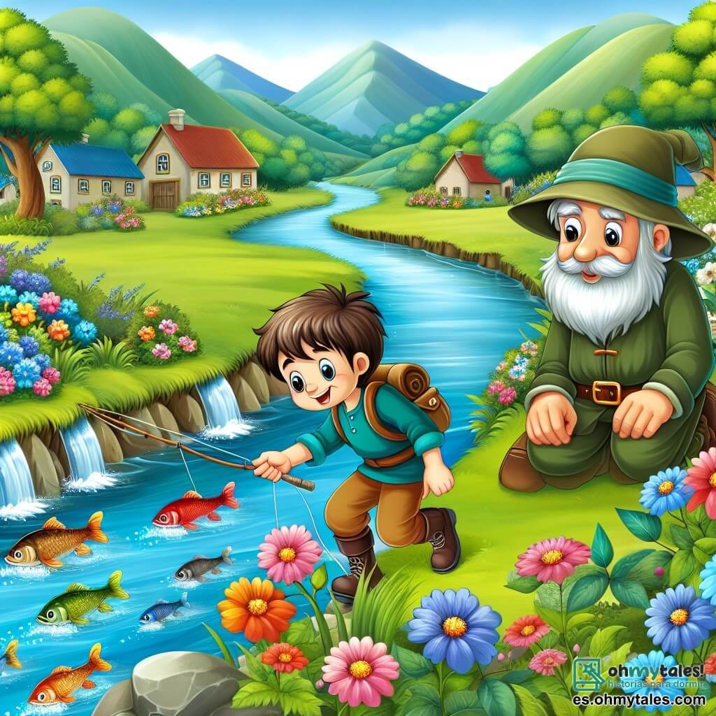 Une illustration destinée aux enfants représentant un jeune garçon aventurier, découvrant un magnifique ruisseau bordé de fleurs colorées, en compagnie d'un sage pêcheur, dans un paisible village entouré de montagnes verdoyantes.