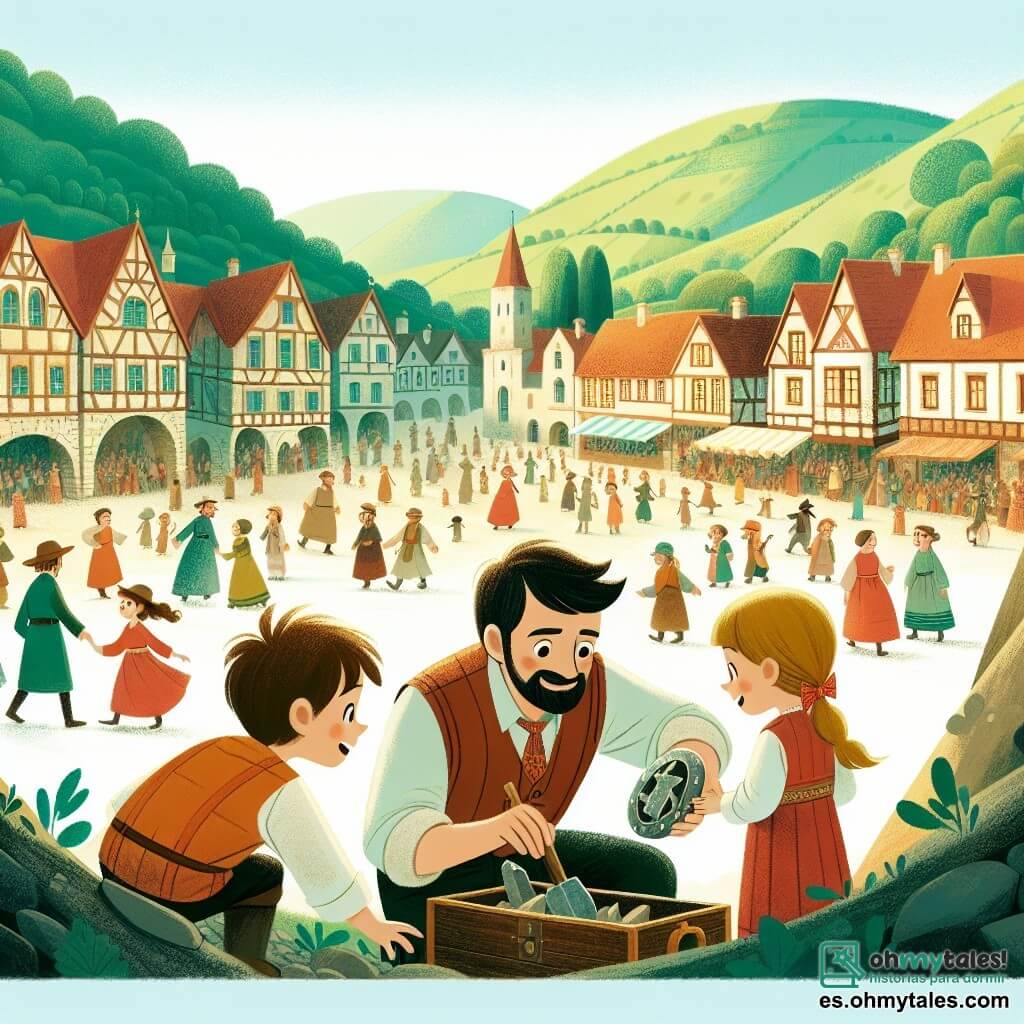 Une illustration destinée aux enfants représentant un archéologue passionné, un garçon, faisant une découverte incroyable avec l'aide de ses deux enfants, une fille et un garçon, dans un petit village entouré de collines verdoyantes et une place animée remplie de habitants curieux, à l'atmosphère chaleureuse et accueillante.