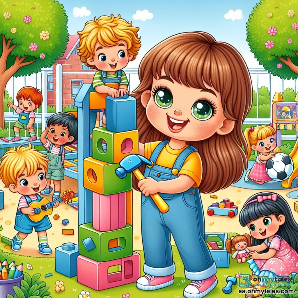 Ilustración que representa una escena alegre en un patio de escuela colorido, rodeado de árboles verdes y juegos de madera. En el centro, una niña de 4 años, con largos cabellos castaños y ojos brillantes, lleva un overol azul y una camiseta amarilla. Sonríe ampliamente mientras sostiene un gran martillo de plástico, lista para construir una torre con bloques gigantes. A su alrededor, varios niños de diferentes edades, incluyendo un niño de 5 años con cabello rubio despeinado que juega al fútbol, y una niña de 4 años con trenzas y un vestido rosa que juega con muñecas. Todos los niños parecen felices y comprometidos con sus actividades, mostrando una atmósfera de amistad y cooperación. La escena principal muestra a la niña construyendo una gran torre con bloques, animando a sus amigos a participar, ilustrando así el tema de la igualdad de género y la importancia de jugar juntos, sin importar los estereotipos. En el fondo, dibujos coloridos en las paredes del patio muestran mensajes sobre la igualdad y el respeto, añadiendo un toque educativo a la escena.
