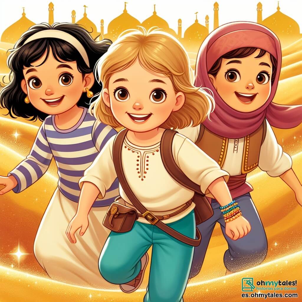 Une illustration destinée aux enfants représentant une jeune fille intrépide et curieuse, accompagnée de ses amis, un garçon joyeux et une fille déterminée, partant à l'aventure dans un désert scintillant de sable doré et de mystères envoûtants.