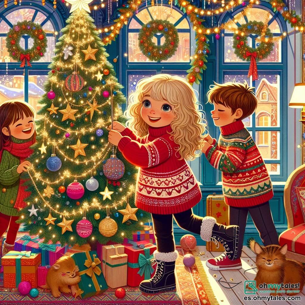 Une illustration sous forme de dessin destinée aux enfants représentant l'intérieur chaleureux et coloré d'un orfanato décoré pour Noël, avec une fille de 11 ans aux cheveux bouclés et blonds, vêtue d'un pull rouge, souriante et en train de décorer un grand arbre de Noël avec des guirlandes et des ornements brillants, tandis que deux amis, un garçon aux cheveux bruns et une fille aux cheveux châtains, l'aident en accrochant des étoiles scintillantes et en riant joyeusement, capturant l'esprit de camaraderie et de partage de la saison festive.
