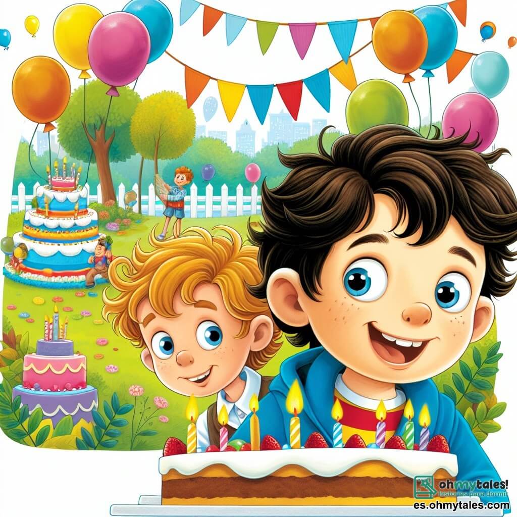 Une illustration destinée aux enfants représentant un petit garçon curieux et joyeux, sur le point de célébrer son anniversaire dans un parc coloré rempli de ballons et de gâteaux, accompagné de son meilleur ami, un garçon espiègle aux cheveux ébouriffés.