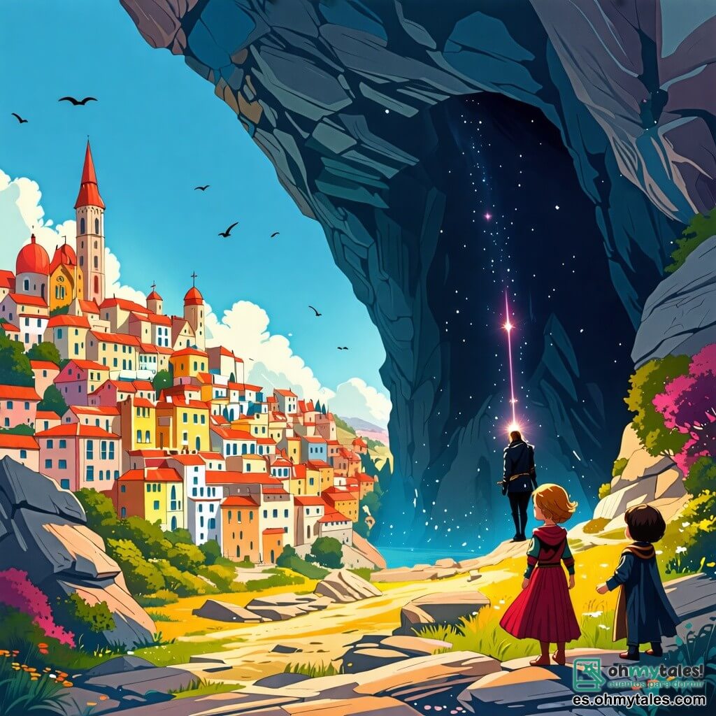 Une illustration sous forme de dessin destinée aux enfants représentant un paysage ensoleillé de la ville de Brillavia, avec des bâtiments colorés et des rues animées, où une jeune femme aux yeux brillants comme des étoiles et aux cheveux dorés, vêtue d'une tunique lumineuse, se tient courageusement devant une caverne sombre, lançant un puissant rayon de lumière pour affronter un homme grand et sombre, vêtu d'une cape noire, qui tente de plonger la ville dans l'obscurité, tandis qu'un jeune garçon aux cheveux bouclés et au sourire encourageant l'observe avec admiration, symbolisant l'espoir et la bravoure face à l'adversité.