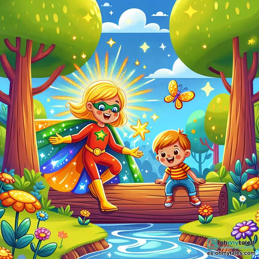Une illustration sous forme de dessin destinée aux enfants représentant un parc coloré de la ville d'Arcoiris, avec des arbres aux feuilles brillantes et des fleurs multicolores, où une super-héroïne aux cheveux dorés comme le soleil, vêtue d'un costume éclatant qui change de couleur, sourit joyeusement en aidant un petit garçon aux yeux pétillants, assis sur un tronçon de bois, à retrouver ses amis qui jouent près d'un ruisseau étincelant, tandis qu'une mariposa dorada vole autour d'eux, ajoutant une touche magique à la scène.