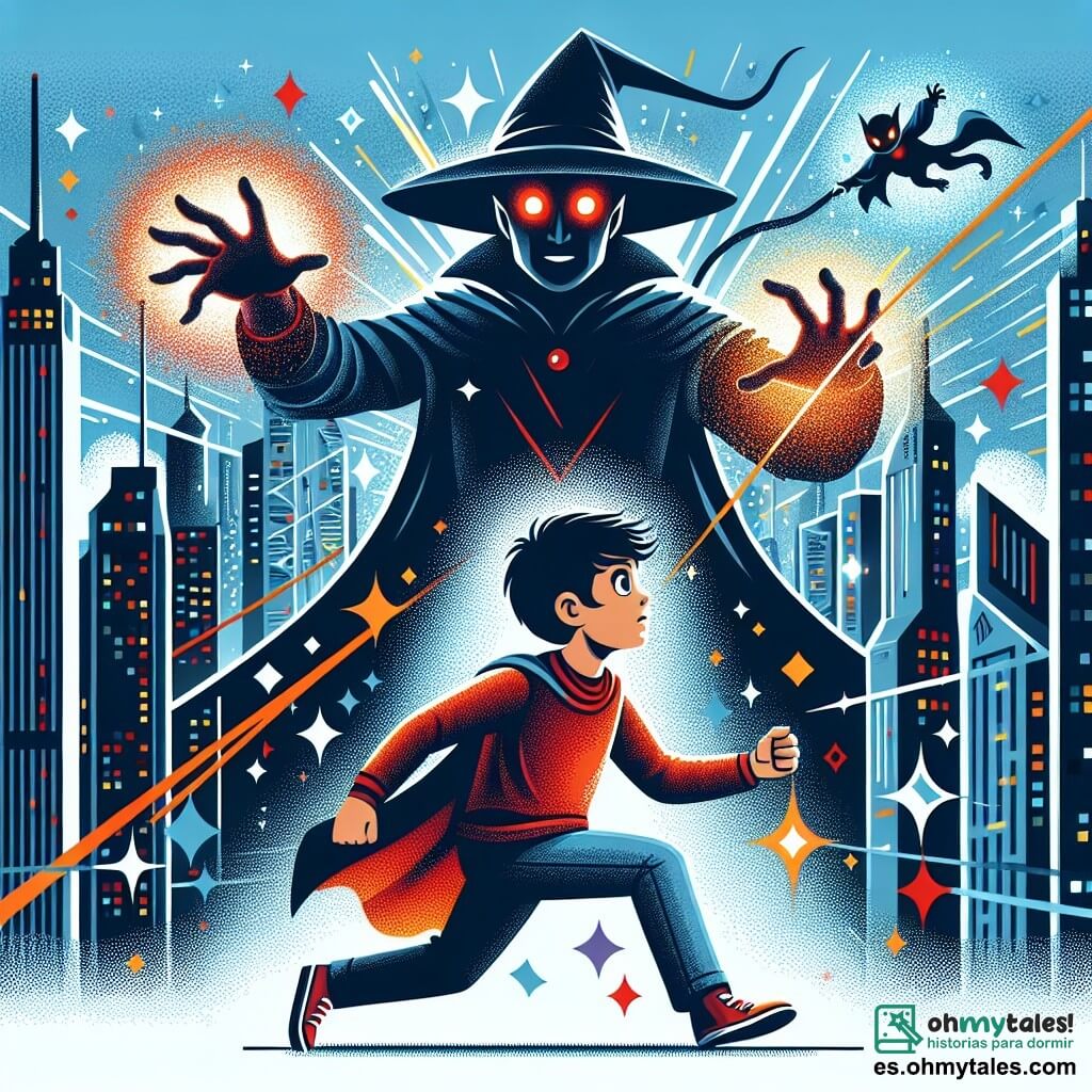 Une illustration destinée aux enfants représentant un jeune garçon aux cheveux noirs brillants, doté de pouvoirs cosmiques extraordinaires, combattant un vilain sorcier aux yeux rouges luisants, dans une cité futuriste aux gratte-ciels scintillants et voitures volantes.