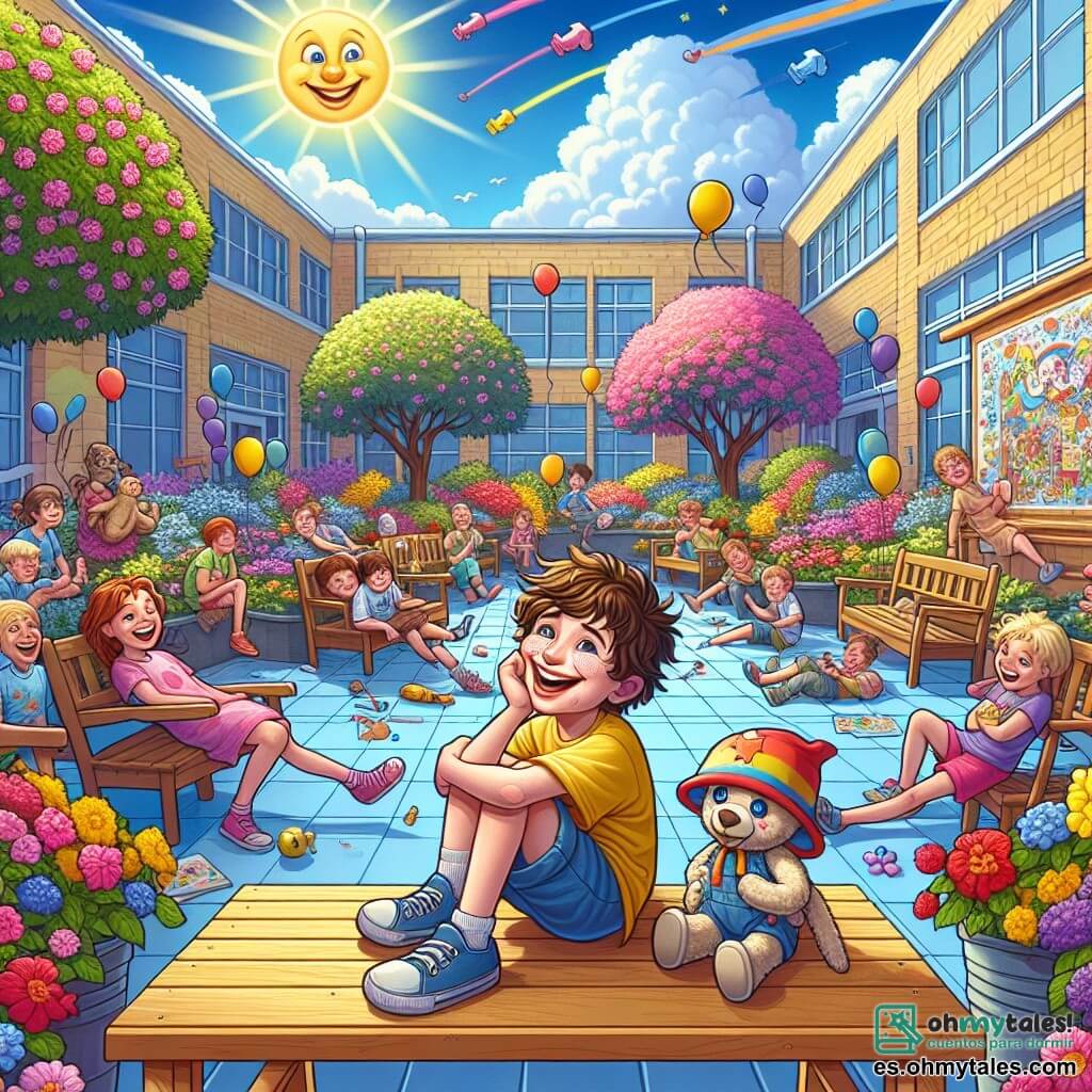 Ilustración que representa un patio luminoso de hospital, lleno de flores coloridas y bancos de madera. El cielo es de un azul brillante y el sol brilla, creando un ambiente cálido y acogedor. En el centro de la imagen, un niño de nueve años, con cabello castaño alborotado y una sonrisa radiante, está sentado en un banco de madera. Lleva una camiseta amarilla y un pantalón corto azul. A su lado, una niña de ocho años, con trenzas rubias y gafas redondas, sostiene una muñeca de trapo en sus brazos y ríe alegremente. Alrededor de ellos, otros niños participan en un concurso de talentos: un niño con una gorra roja hace muecas, mientras que una niña con cabello rizado pinta un gran mural colorido en una pared. La atmósfera está llena de risas y camaradería, simbolizando la amistad y la esperanza, con globos coloridos flotando en el aire y un perro de terapia, un labrador dorado, sentado a sus pies, brindando consuelo y alegría.