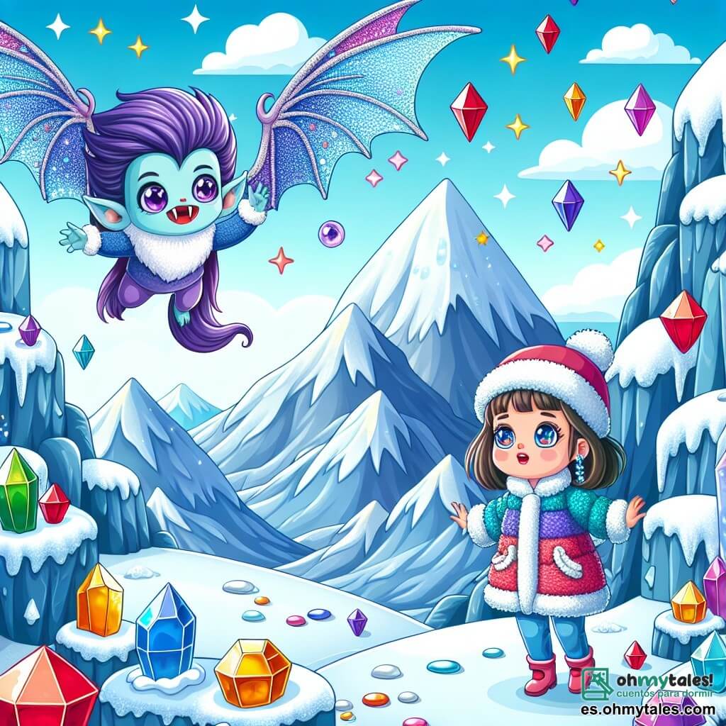 Une illustration sous forme de dessin destinée aux enfants représentant une montagne majestueuse, couverte de neige scintillante sous un ciel bleu clair, où un petit vampire aux grands yeux violets et aux ailes en cristal vole joyeusement, tandis qu'une fille aux cheveux bruns et aux yeux pétillants, vêtue d'un manteau coloré, l'observe avec émerveillement, alors qu'ils jouent ensemble et découvrent les merveilles de la caverne magique remplie de gemmes brillantes.