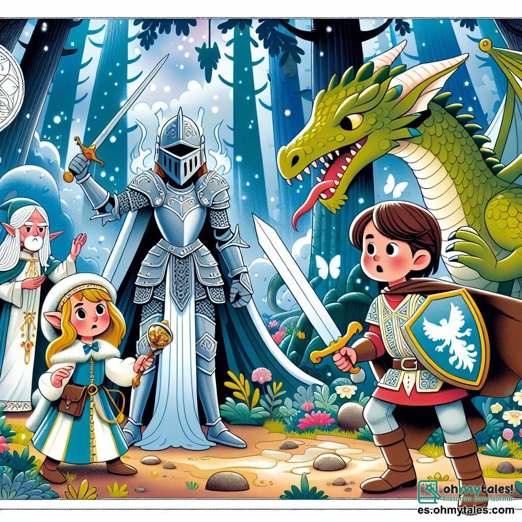 Une illustration destinée aux enfants représentant une chevalière intrépide affrontant un monstrueux dragon pour récupérer un objet magique, avec un elfe sage et un dragon bienveillant comme compagnons, dans un royaume enchanté avec des cascades scintillantes et des forêts mystérieuses.