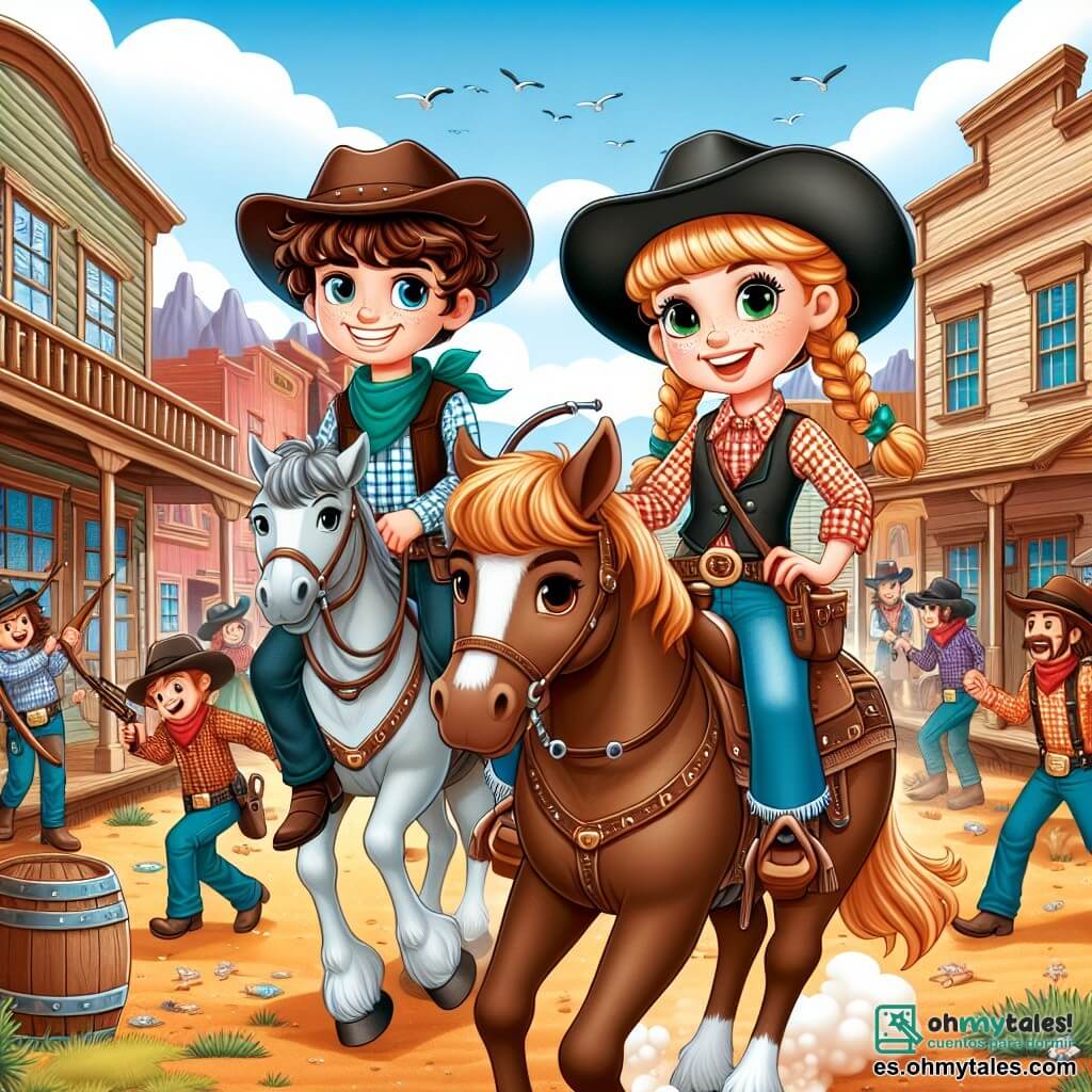 Une illustration sous forme de dessin destinée aux enfants représentant un petit village de cow-boys en plein soleil, avec des maisons en bois et un saloon animé en arrière-plan ; un jeune homme cowboy aux cheveux bruns et bouclés, portant un chapeau de cowboy et une veste en cuir, qui monte fièrement son cheval nommé "Étoile" tout en souriant, tandis qu'une jeune cowgirl aux cheveux blonds tressés, vêtue d'une chemise à carreaux et d'un jean, s'apprête à tirer à l'arc avec détermination, alors qu'ils se préparent ensemble pour la Grande Compétition de Habilité du Far West, entourés de spectateurs enthousiastes et d'animaux de la prairie.