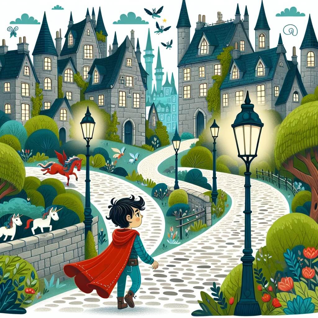 Une illustration destinée aux enfants représentant un jeune garçon aux cheveux sombres, vêtu d'une cape rouge, explorant une ville enchantée remplie de créatures magiques, avec des rues pavées étroites bordées de maisons en pierre recouvertes de lierre et des lampadaires qui diffusent une lueur chaleureuse, tandis que des fées virevoltent dans les airs et des licornes se promènent paisiblement dans les parcs verdoyants.