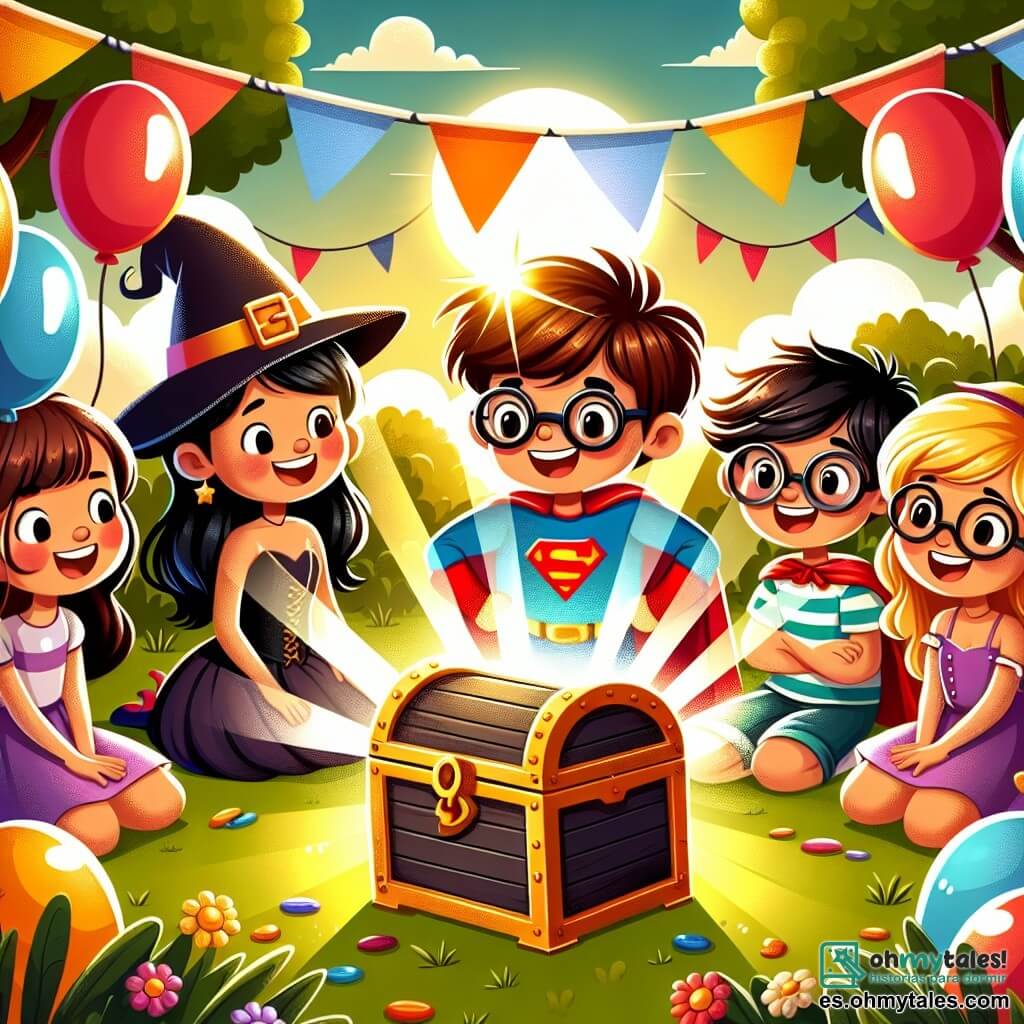 Une illustration destinée aux enfants représentant un garçon en costume de superhéros, entouré de ses amis et d'un coffre au trésor, dans un jardin ensoleillé décoré de ballons colorés et de guirlandes festives pour célébrer son anniversaire.