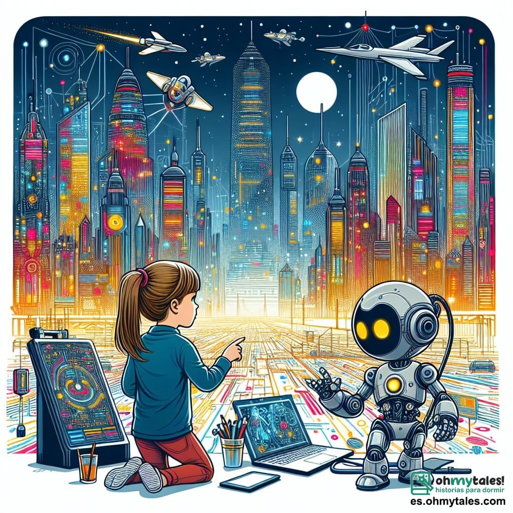 Une illustration destinée aux enfants représentant une fillette curieuse résolvant un mystère technologique avec l'aide d'un ingénieur robot, dans la majestueuse ville futuriste de NeoAurora, où les rascacielos brillent de mille feux colorés et les autos volants sillonnent les cieux.