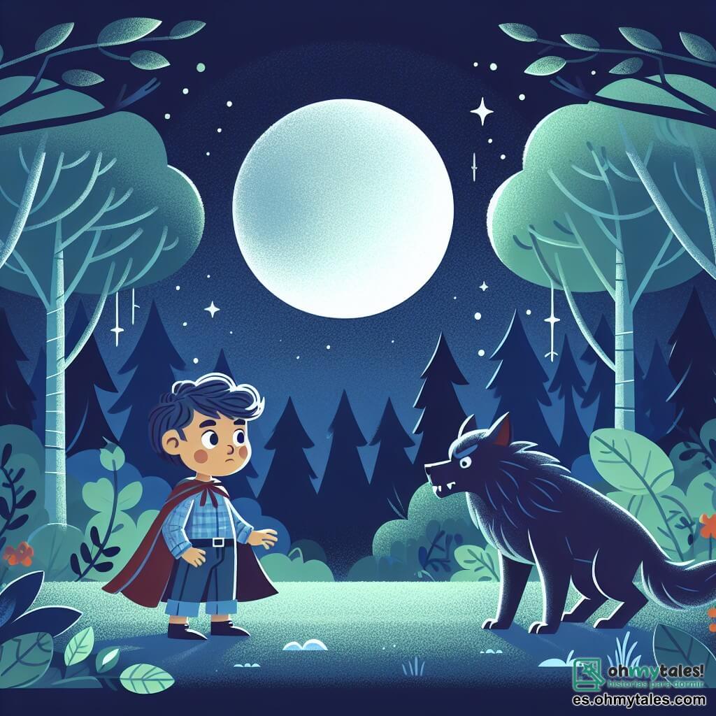 Une illustration destinée aux enfants représentant un garçon courageux, rencontrant un mystérieux loup-garou dans une clairière sombre et envoûtante de la forêt enchantée lors d'une nuit de pleine lune.
