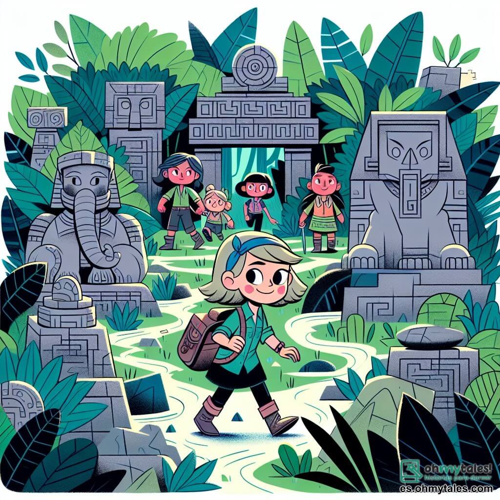 Une illustration destinée aux enfants représentant une petite fille intrépide, accompagnée de ses amis aventuriers, explorant une île tropicale luxuriante remplie de statues de pierre mystérieuses et d'un labyrinthe souterrain plein de trésors cachés.