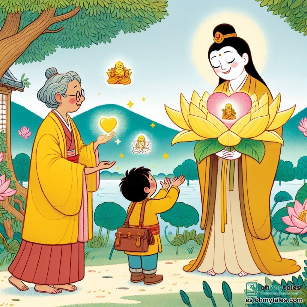 Une illustration destinée aux enfants représentant une femme au cœur généreux, une fleur de lotus dorée magique, un bodhisattva céleste, et un paisible village japonais bordé d'un frondueux bosquet.