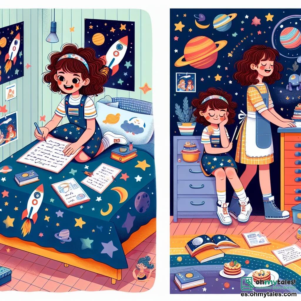 Une illustration sous forme de dessin destinée aux enfants représentant une chambre d'enfant colorée, décorée de posters de planètes et d'étoiles, où une jeune fille aux cheveux bruns et bouclés, portant une t-shirt avec un motif de fusée, est assise sur son lit, entourée de livres sur l'espace, en train d'écrire une lettre avec un grand sourire, tandis qu'une femme adulte aux cheveux châtains, vêtue d'un tablier, entre dans la pièce avec un plateau de gâteaux, illustrant un moment de rêve et d'inspiration pour devenir astronaute.