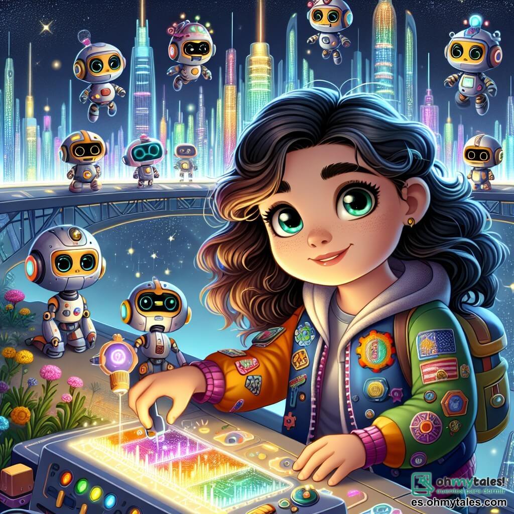 Une illustration sous forme de dessin destinée aux enfants représentant une ville futuriste aux rascacielos scintillants et aux jardins flottants, où une jeune fille aux cheveux noirs ondulés et aux yeux brillants, vêtue d'une chaqueta colorée ornée de patchs, travaille avec détermination sur un dispositif innovant, entourée de sept petits robots aux formes variées et aux couleurs vives, chacun affichant une personnalité unique, alors qu'ils collaborent joyeusement pour contrer les plans malveillants d'une reine jalouse qui les observe depuis son château technologique, créant une atmosphère d'aventure et d'espoir.