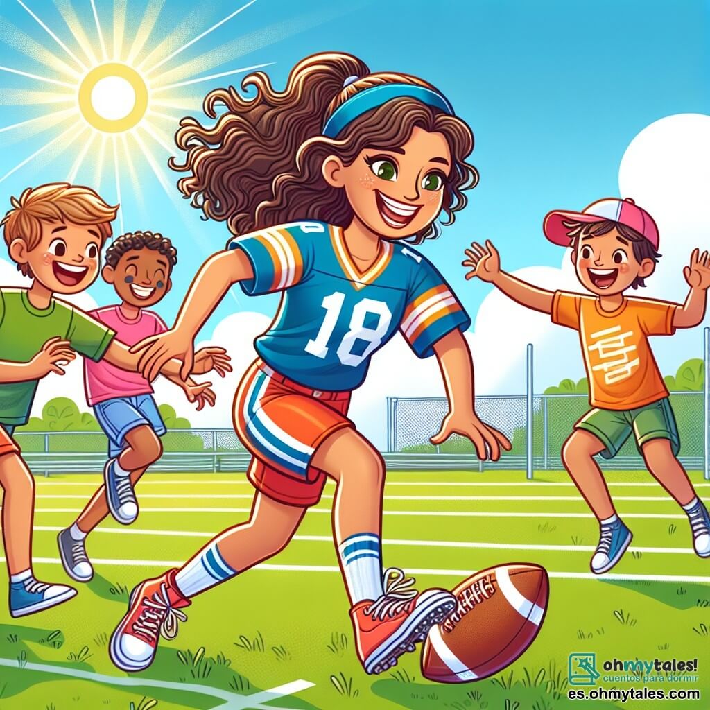 Une illustration sous forme de dessin destinée aux enfants représentant un terrain de football ensoleillé, avec une femme aux cheveux bouclés et une queue de cheval, vêtue d'un uniforme de football coloré, dribblant habilement le ballon avec un grand sourire sur son visage, tandis qu'un groupe de garçons et de filles aux t-shirts variés l'entoure, riant et essayant de l'attraper, capturant l'esprit de camaraderie et de compétition amicale dans un moment joyeux de jeu.