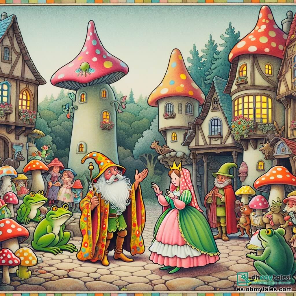 Une illustration destinée aux enfants représentant un sorcier étourdi se retrouvant dans une situation hilarante avec l'aide d'une princesse grenouille, dans un village enchanté aux maisons en forme de champignons colorés, peuplé de créatures magiques et entouré d'un mystérieux Bosque Encantado.