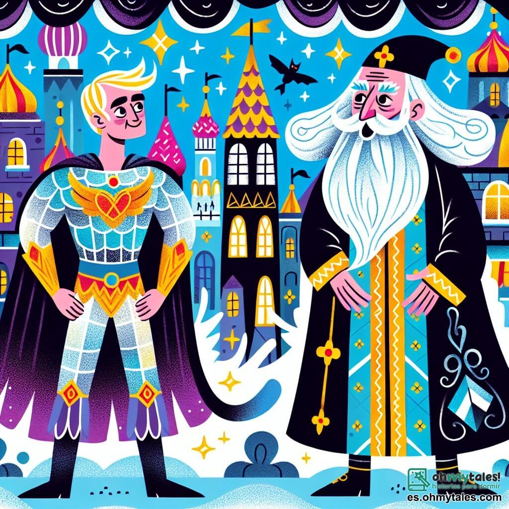 Une illustration destinée aux enfants représentant un héros au costume scintillant affrontant un méchant sombre dans la ville colorée de Cristalina, avec l'aide de son sage mentor aux longs cheveux blancs et à la barbe épaisse.