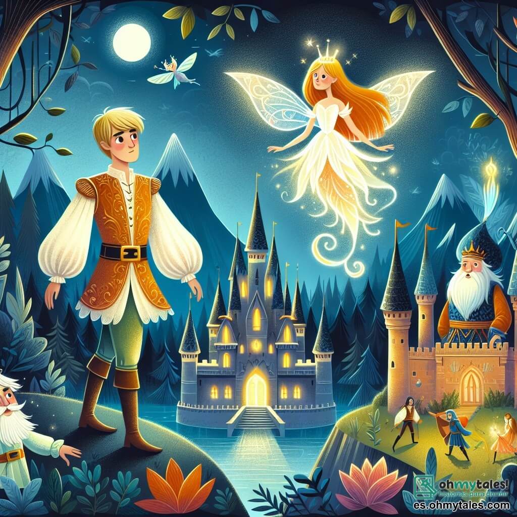 Une illustration destinée aux enfants représentant un prince courageux, une fée lumineuse et un dangereux palais obscur situé au cœur d'un mystérieux Bosque Encantado.