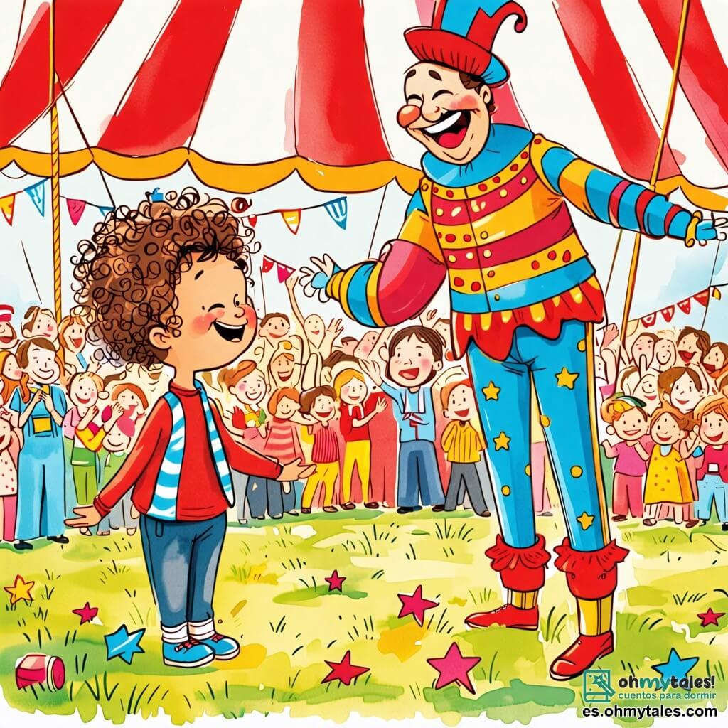 Une illustration sous forme de dessin destinée aux enfants représentant un cirque coloré avec des tentes rayées rouges et blanches, un petit garçon de 2 ans aux cheveux bouclés et aux yeux pétillants, riant aux éclats en regardant un contorsionniste amusant, un homme grand et mince avec un costume éclatant qui se plie et se tord de manière incroyable, tandis qu'une foule joyeuse applaudit autour d'eux, créant une atmosphère magique et pleine de rires.