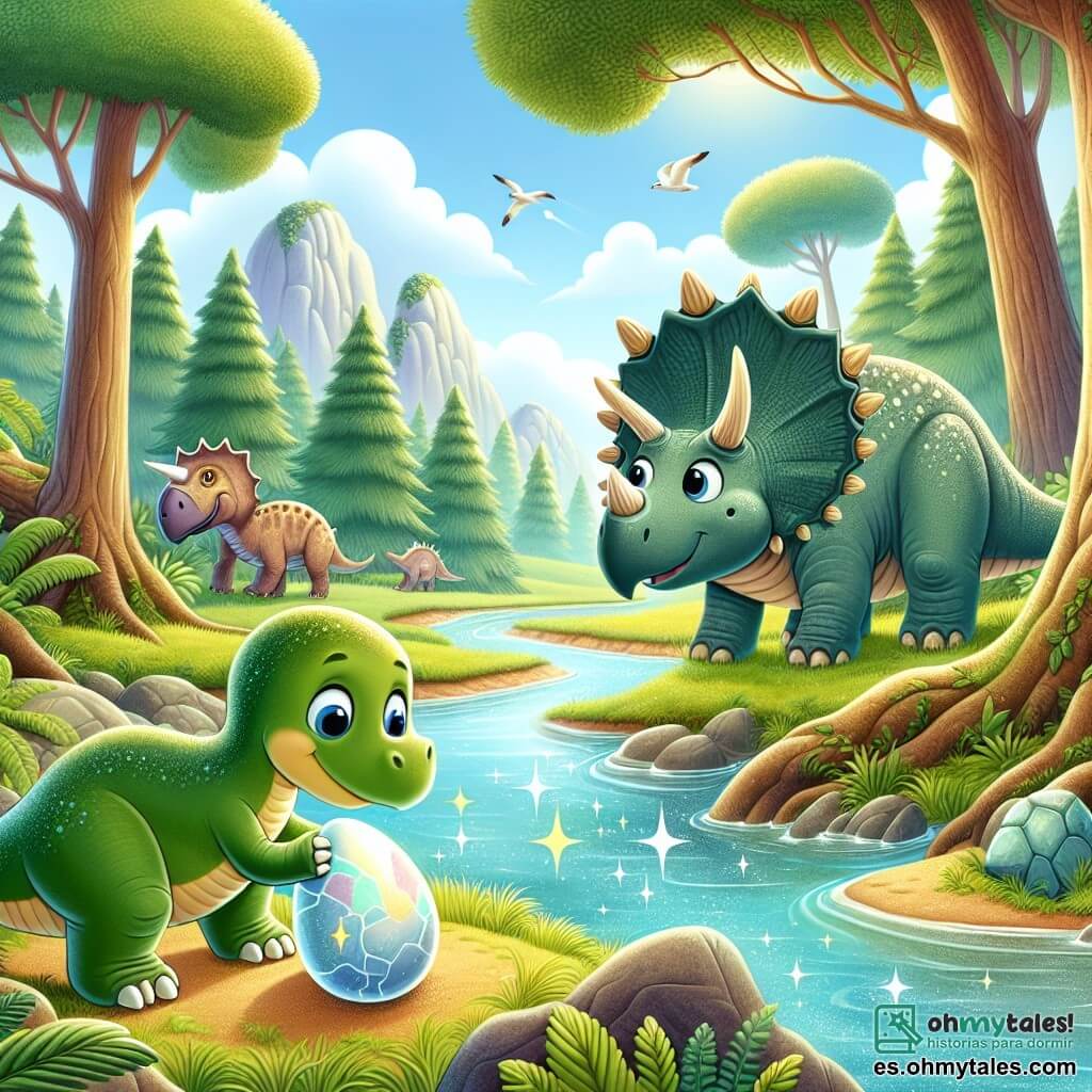 Une illustration destinée aux enfants représentant un stégosaure curieux découvrant un mystérieux œuf de dinosaure près d'un ruisseau scintillant, accompagné d'une triceratops gentille et bienveillante, dans une vallée luxuriante remplie d'arbres géants et de rivières cristallines.