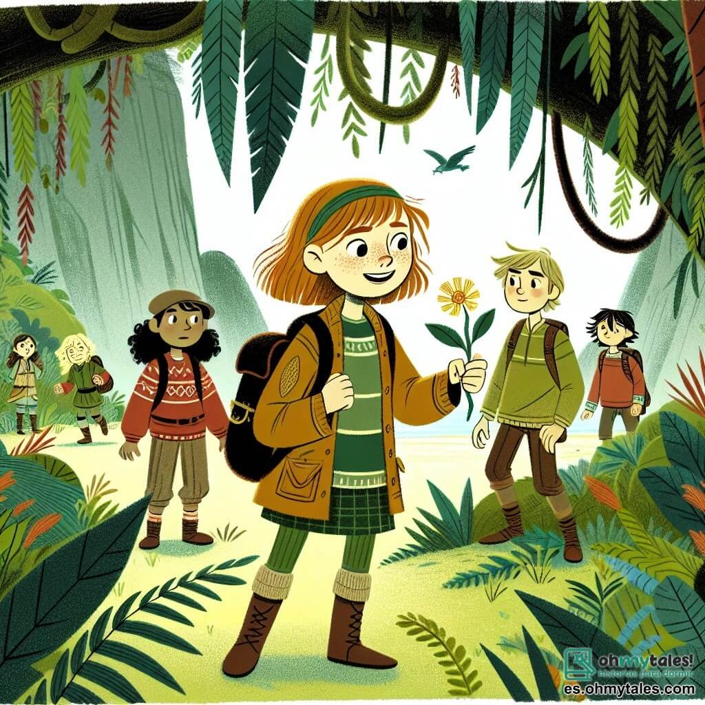 Une illustration destinée aux enfants représentant une petite fille intrépide, accompagnée de ses amis, explorant une île mystérieuse et luxuriante, à la recherche d'une fleur rare.