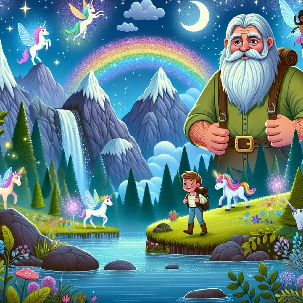 Une illustration destinée aux enfants représentant un géant bienveillant, accompagné d'un jeune explorateur, dans un monde enchanté peuplé de licornes arc-en-ciel et de fées lumineuses, situé au sommet d'une montagne majestueuse entourée de cascades scintillantes et de forêts luxuriantes.