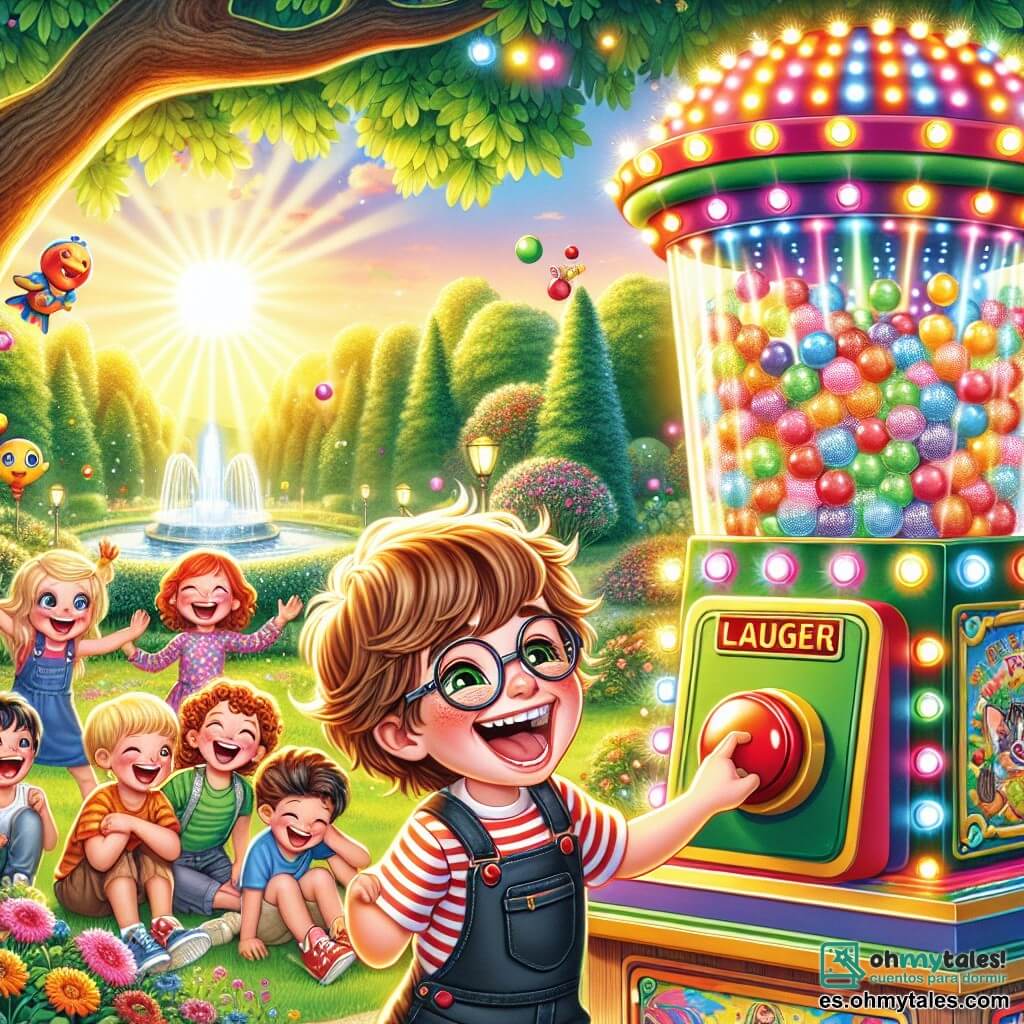 Ilustración que representa un parque soleado, lleno de flores coloridas y árboles verdes. En el centro, un niño de 11 años, con cabello castaño desordenado y gafas redondas, ríe a carcajadas mientras presiona un gran botón rojo en una máquina brillante y colorida. La máquina, decorada con luces intermitentes y burbujas flotantes, emite una atmósfera alegre y lúdica. Alrededor de él, varios niños de 8 a 12 años, todos sonrientes, están cautivados por el espectáculo. Un niño rubio con ojos brillantes, vestido con una camiseta a rayas, se prepara para presionar otro botón, mientras que una niña de cabello rizado y vestido de lunares estalla en risas al ver un pato de plástico bailar cerca de ellos. La situación principal muestra la magia de la máquina de risas en acción, con burbujas de colores vibrantes estallando en risas, creando un ambiente festivo y feliz. Pájaros coloridos vuelan arriba, añadiendo un toque de vida a esta escena alegre y divertida.