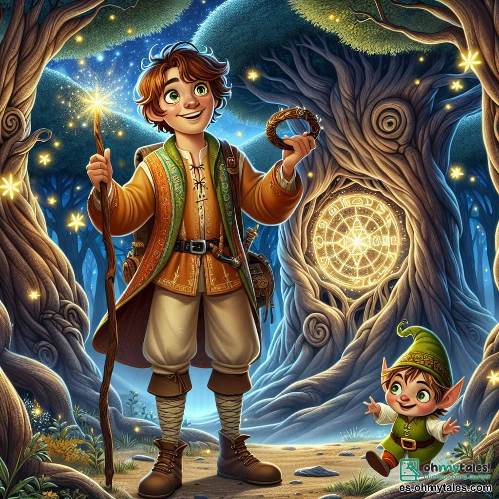 Ilustración que representa una mágica luz de luna en un antiguo bosque encantado, donde grandes árboles con troncos retorcidos se elevan hacia el cielo, sus hojas brillando como estrellas. En el centro, un joven de cabello castaño y ojos chispeantes, vestido con una túnica colorida y pantalones de tela, sostiene una vara de madera adornada con símbolos misteriosos, su rostro iluminado por la emoción de la magia. A su lado, un pequeño duende de orejas puntiagudas, con piel verdosa y una sonrisa traviesa, lleva un sombrero en forma de cono y baila a su alrededor, añadiendo un toque de alegría a la escena. Juntos, se encuentran frente a un gran árbol cuya corona se abre como una puerta, revelando un cristal brillante en su interior, símbolo de su búsqueda para encontrar el camino del tiempo. Luciérnagas bailan a su alrededor, creando una atmósfera mágica, mientras una ligera niebla flota en el suelo, añadiendo un toque de misterio a esta aventura fantástica.