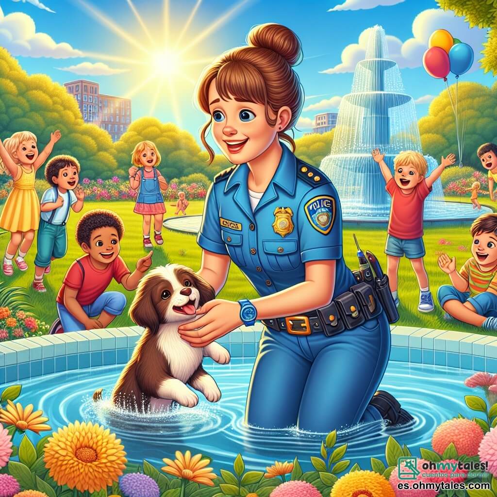 Ilustración que representa un parque soleado, lleno de vegetación exuberante y flores coloridas. En el centro, una gran fuente brilla, rodeada de niños jugando y riendo. Se puede ver a una mujer policía, de unos treinta años, con cabello castaño recogido en un moño, vistiendo un uniforme azul y un cinturón con accesorios de seguridad. Ella está sacando a un pequeño perro tembloroso de la fuente, con una sonrisa tranquilizadora en su rostro. A su alrededor, varios niños, de 8 a 10 años, miran con ojos desorbitados. Un niño rubio, con una camiseta roja, aplaude con entusiasmo, mientras que una niña de cabello rizado, vestida con un vestido amarillo, señala al perro con una expresión preocupada pero admirativa. La escena captura el momento en que la policía ayuda al pequeño perro, ilustrando la bondad y el coraje. Globos de colores flotan en el cielo azul y las risas de los niños resuenan, creando una atmósfera alegre y cálida.