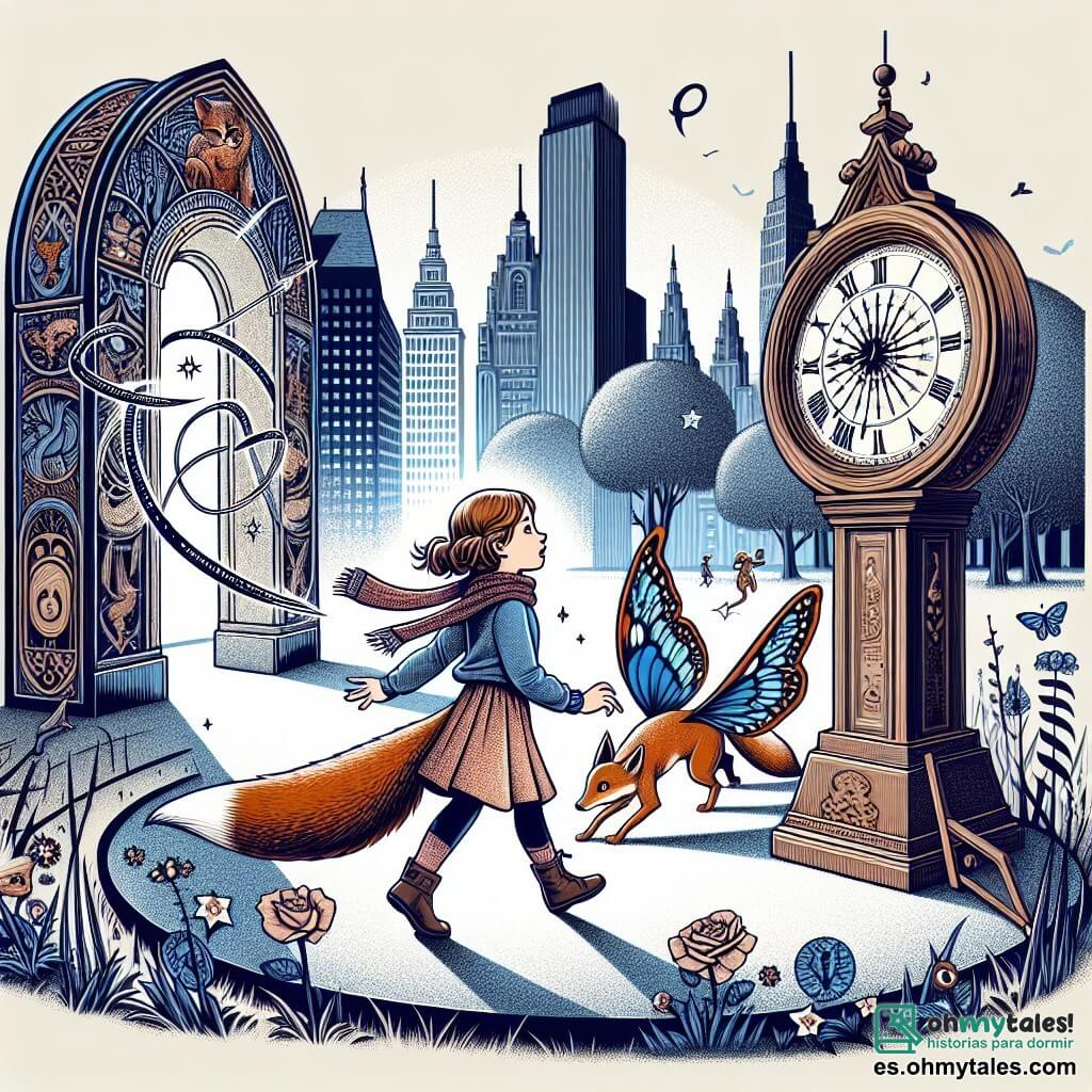 Une illustration destinée aux enfants représentant une jeune fille curieuse découvrant un monde magique à travers un mystérieux portail, accompagnée d'une créature magique ressemblant à un zorro avec des ailes de papillon, dans un parc de la ville où un vieux reloj de sol se dresse majestueusement.