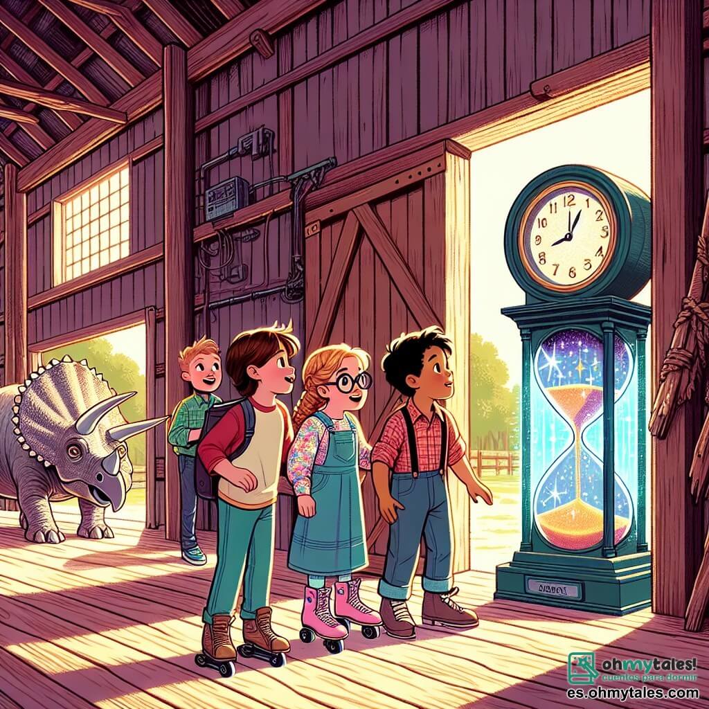 Une illustration sous forme de dessin destinée aux enfants représentant un vieux grand barn où un groupe de quatre enfants de 9 ans, deux garçons aux cheveux bruns et ébouriffés, l'un portant un t-shirt rouge et l'autre un patin à roulettes, ainsi que deux filles, l'une avec des lunettes et une robe à fleurs, et l'autre avec des cheveux blonds en tresses, se tiennent émerveillés devant une machine à voyager dans le temps aux lumières scintillantes, tandis qu'un Triceratops curieux les observe à travers une fenêtre ouverte, créant une atmosphère d'aventure et de découverte dans un monde préhistorique.