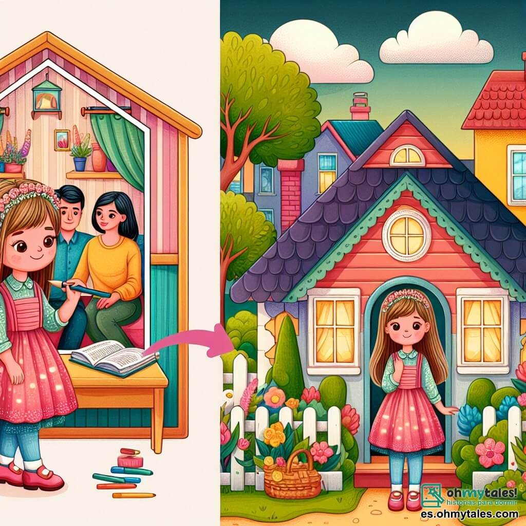 Une illustration destinée aux enfants représentant une fillette vivant dans une maison colorée et chaleureuse, confrontée à la séparation de ses parents, avec ses parents en arrière-plan, se déroulant dans le charmant village de Villa Armonía.