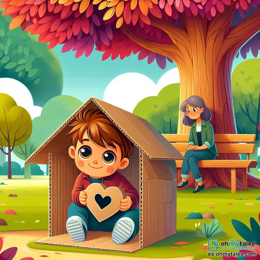 Une illustration destinée aux enfants représentant un petit garçon aux grands yeux curieux, découvrant une nouvelle maison en forme de coeur construite en carton par lui-même, avec sa mère assise à ses côtés, sur un banc de bois sous un majestueux arbre au feuillage coloré, dans un parc ensoleillé et paisible.
