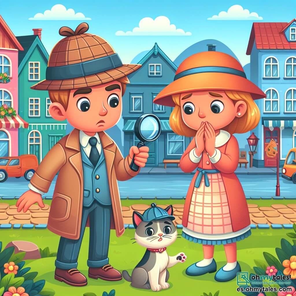 Une illustration destinée aux enfants représentant un détective malin en chapeau et lupa, aidant une dame inquiète à retrouver son chat disparu, dans un paisible village aux maisons colorées et une place animée.