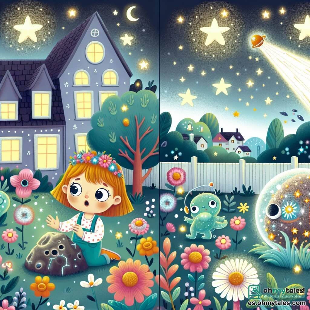 Une illustration destinée aux enfants représentant une petite fille curieuse découvrant un mystérieux météorite brillant dans son jardin, accompagnée de créatures extraterrestres lumineuses, dans un paisible village nommé Villa Alegre, où les fleurs dansaient au vent et les étoiles brillaient dans le ciel nocturne.