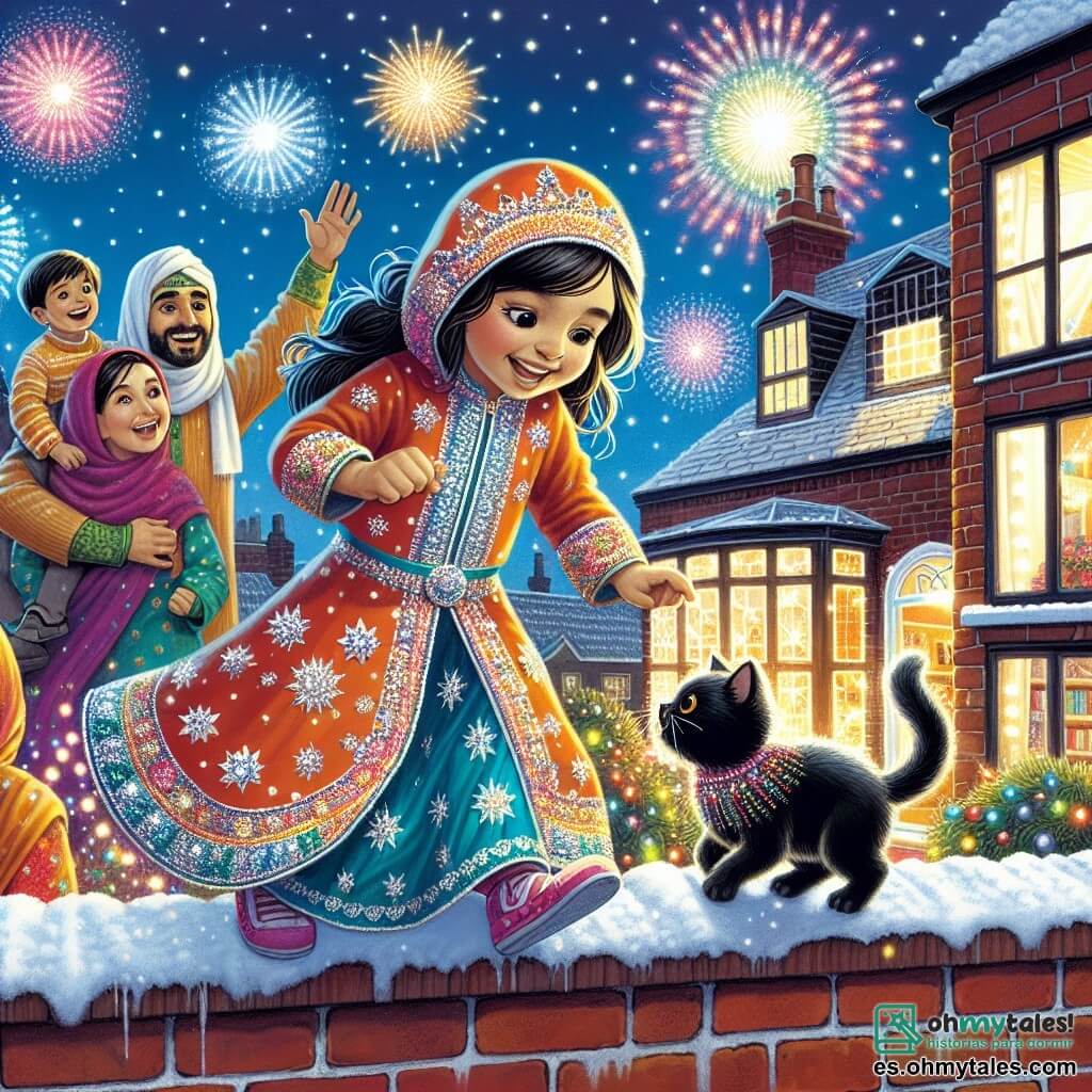 Une illustration destinée aux enfants représentant une petite fille vêtue de son plus beau costume brillant, cherchant un chat noir sur le toit d'une maison en briques rouges, entourée de sa famille joyeuse, dans un jardin illuminé par les feux d'artifice colorés, lors de la fête du Nouvel An.