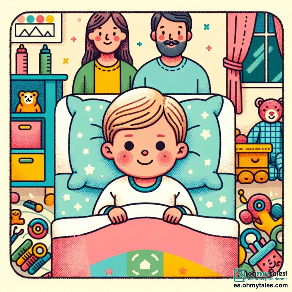 Une illustration destinée aux enfants représentant un jeune garçon aux joues rosées, allongé dans un lit avec une couverture douce, entouré de sa famille aimante, dans une chambre remplie de couleurs vives et de jouets.