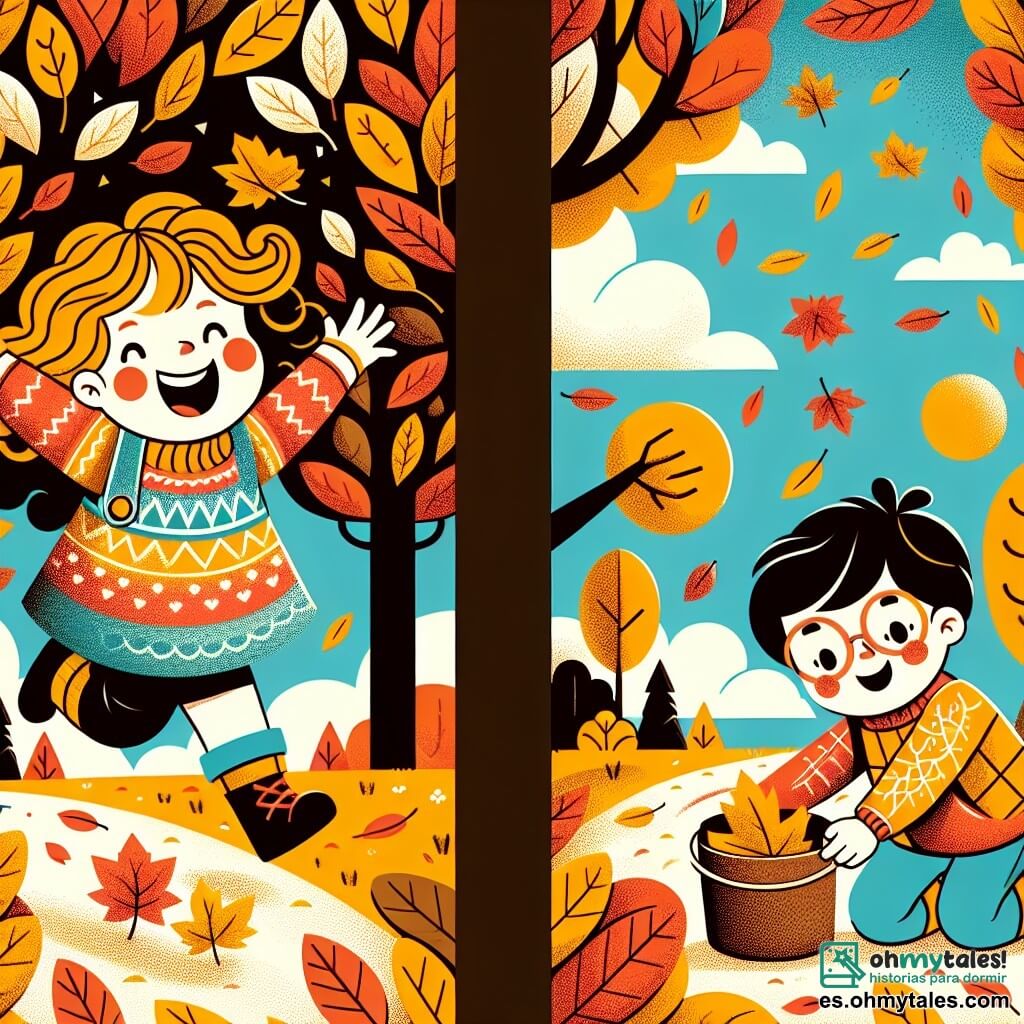Une illustration destinée aux enfants représentant une fillette aux cheveux bouclés, vêtue d'un pull coloré, courant joyeusement dans un parc aux arbres flamboyants aux teintes d'or, d'orange et de rouge, tandis qu'un petit garçon aux lunettes rondes ramasse des feuilles croustillantes à ses pieds, le tout sous un ciel d'azur parsemé de nuages cotonneux.