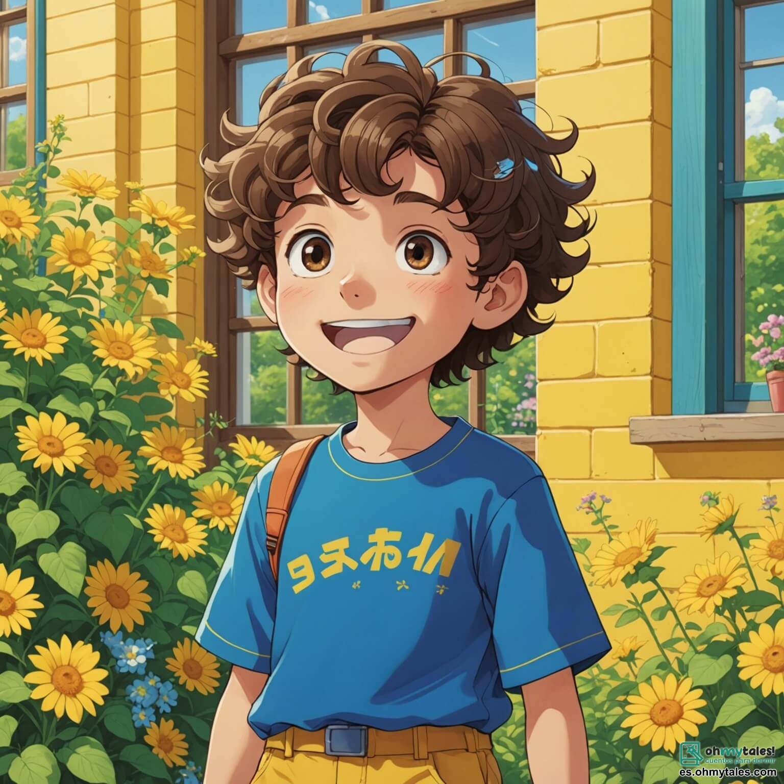 Une illustration destinée aux enfants représentant un garçon aux cheveux bruns et bouclés, aux yeux pétillants de curiosité, vêtu d'une t-shirt bleu vif et de shorts colorés, se tenant devant une grande école aux murs jaunes ensoleillés, ornée de fenêtres aux volets verts et d'un jardin fleuri où des enfants rient et jouent, tandis qu'il ressent une boule d'excitation et d'appréhension dans son ventre à l'idée de commencer sa première journée de classe, entouré de sa maman souriante, qui l'encourage avec tendresse, et de sa future maîtresse, une femme chaleureuse aux cheveux châtains et aux lunettes rondes, qui l'accueille avec un grand sourire, prête à lui faire découvrir un monde rempli de nouvelles aventures et d'amitiés.