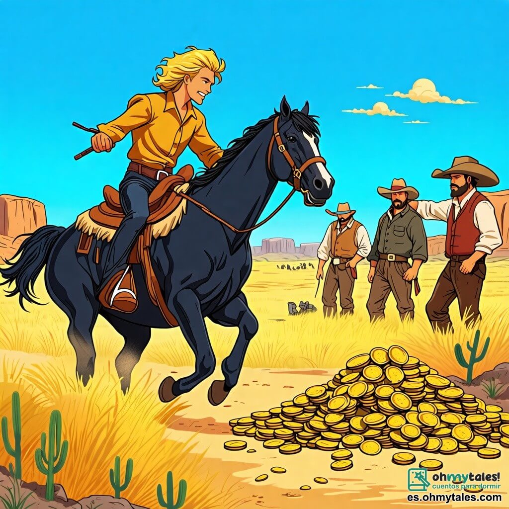 Une illustration sous forme de dessin destinée aux enfants représentant un vaste paysage de prairie dorée sous un ciel bleu éclatant, avec un homme courageux aux cheveux dorés et au sourire éclatant, monté sur un cheval noir nommé Relámpago, faisant face à un groupe de trois forajidos, des hommes malveillants aux vêtements poussiéreux et aux visages menaçants, qui semblent hésiter et effrayés, alors qu'ils se tiennent près d'un tas d'argent volé, avec des cactus et des rochers en arrière-plan, illustrant le moment où le cowboy brave défie les voleurs pour protéger son village.