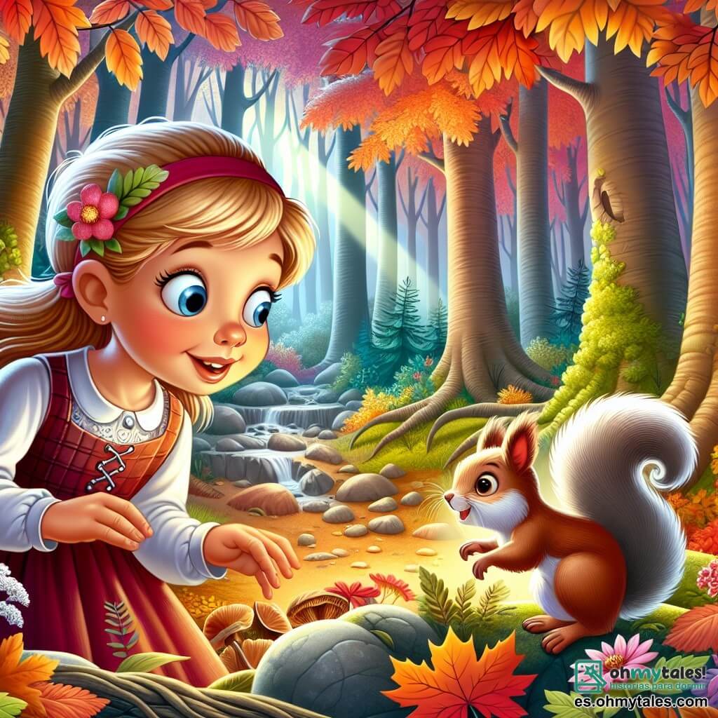 Une illustration destinée aux enfants représentant une jeune fille curieuse, découvrant un mystérieux trésor automnal avec l'aide d'un écureuil espiègle, dans un bois enchanteur aux arbres flamboyants aux couleurs chatoyantes de l'automne.