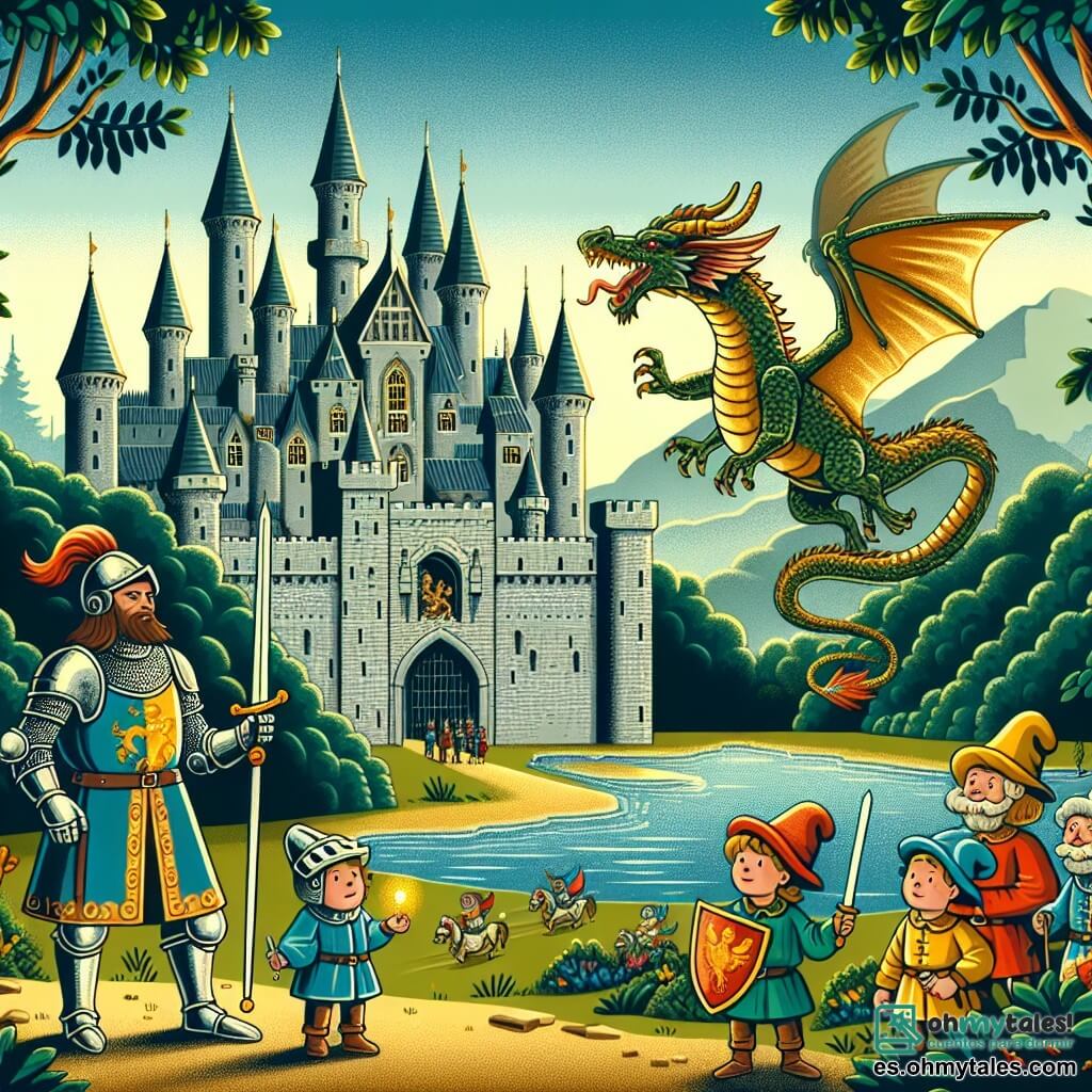 Une illustration sous forme de dessin destinée aux enfants représentant un vaste château médiéval aux murs en pierre grise, entouré d'une forêt verdoyante, avec un chevalier courageux, un homme aux cheveux bruns et à la barbe soignée, vêtu d'une armure brillante et brandissant une épée, se tenant fermement devant un dragon majestueux aux écailles scintillantes, tandis qu'un groupe de petits duendecillos aux chapeaux colorés et aux visages malicieux l'observe avec curiosité, alors que le chevalier se prépare à résoudre un énigme pour accéder au trésor caché, le tout baigné dans une lumière dorée du soleil couchant.