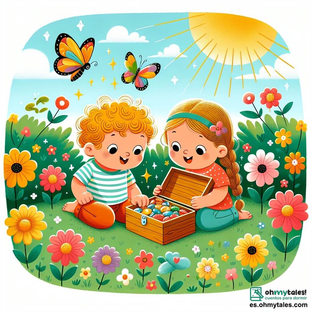 Une illustration sous forme de dessin destinée aux enfants représentant un jardin ensoleillé rempli de fleurs colorées, où un groupe de deux enfants de 1 an, un garçon aux cheveux bouclés et une fille avec une tresse, sont assis sur l'herbe, émerveillés en découvrant une petite boîte en bois ouverte remplie de pierres brillantes, tandis qu'une mariposa colorée vole autour d'eux, ajoutant une touche magique à leur aventure.