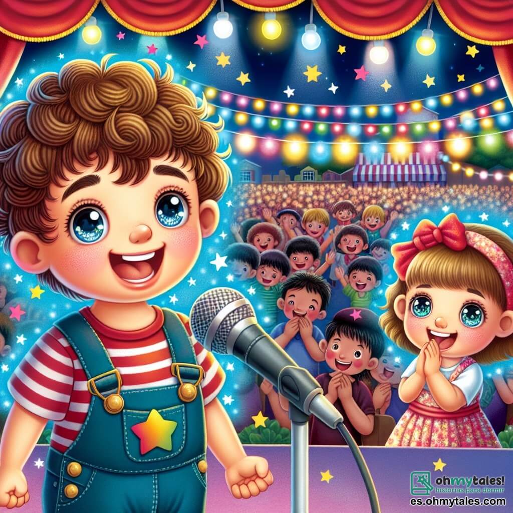 Une illustration destinée aux enfants représentant un garçon aux cheveux bruns et bouclés, débordant d'énergie et de curiosité, qui se tient sur une scène colorée de la foire du village, entouré de lumières scintillantes et de rires joyeux, tandis qu'il doit surmonter sa nervosité pour chanter devant un public enthousiaste, avec sa petite sœur, une fille aux yeux pétillants et au sourire lumineux, applaudissant avec fierté au premier rang.